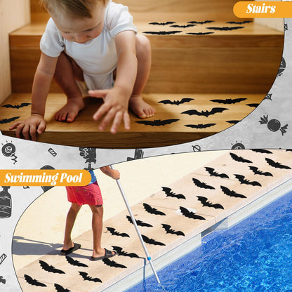 Chiisong 24 Pcs Non Slip Black Bat Bathtub Stickers for Kids Halloween Horror Bath Treads Adhesive Anti Slip Shower Decal Threads with Scraper for Kid Toddler Bath Tub and Shower Floor Bathroom Decor