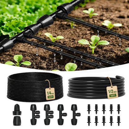 MIXC 1/4" Irrigation Dripline Tubing Kit (100 Ft Roll) with 10Ft 1/2" Main Line, Saving 80% Water, 6" Emitter Spacing, 0.5GPH Emitters Built-in Drip Irrigation Line with 1/4" Push-to-Connect Fittings