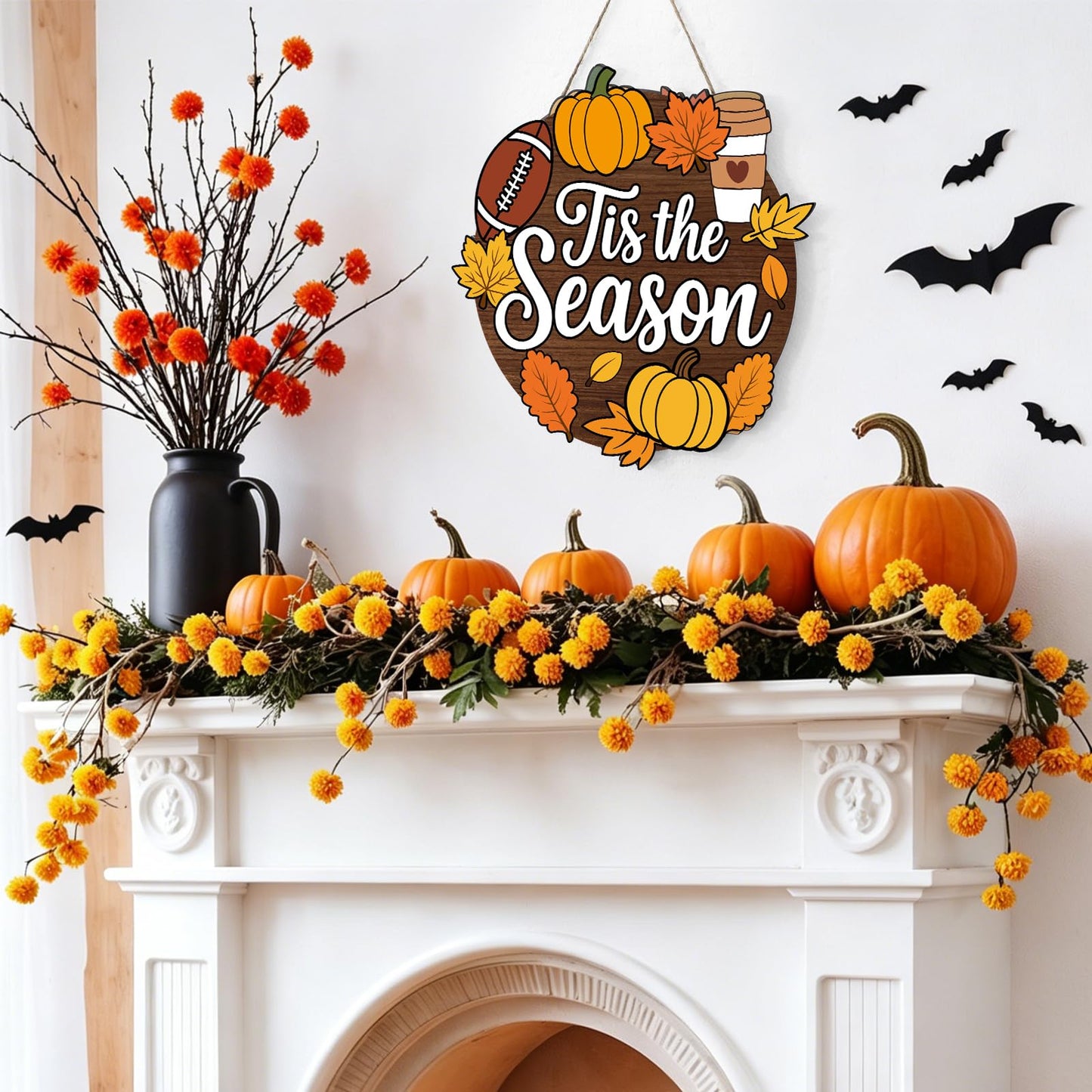 Whaline Fall Football Door Sign Tis the Season Hanging Decor Pumpkin Maple Football Wood Door Hanger with Rope for Autumn Thanksgiving Wall Porch Decorations