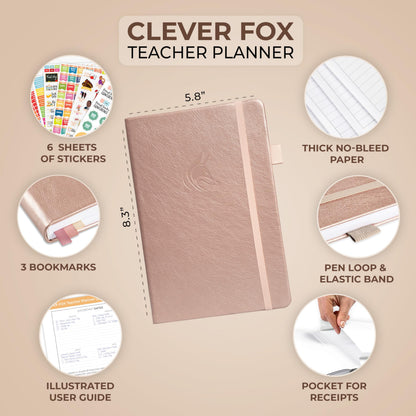 Clever Fox Teacher Planner – School Year Planner with Calendars & Lesson Plans – Teacher Plan Book for Classroom & Homeschool Organization - Undated, A5 Size, Hardcover (Rose Gold)