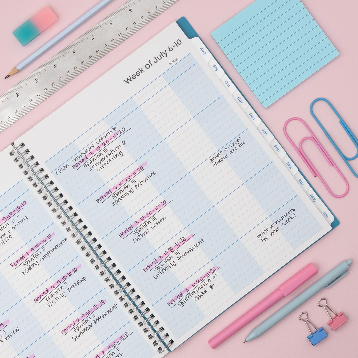Blue Sky 2026-2027 Weekly and Monthly Academic Year Teacher Lesson Planner Calendar, July 2026 - June 2027, 8.5" x 11", Clear Pocket Cover, Wirebound, Laminated Tabs, Storage Pocket, Ditsy Dapple Light