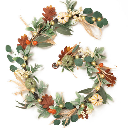 Valery Madelyn Fall Garland for Mantle, 6ft Lambs Ear Leaves Garland with Lights White Pumpkins Thanksgiving Table Centerpiece, Fall Autumn Decorations for Home Porch Fireplace Outdoor Halloween Decor
