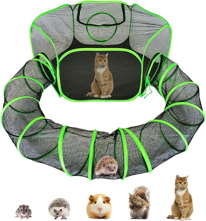 Small Animal Playpen Guinea Pig Hedgehog Cage Rabbit Cage with Fun Surround Tunnel Breathable & Transparent Pop Open Exercise Yard Fence with Top Cover Anti Escape