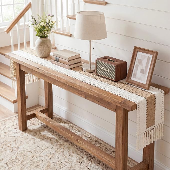 FEXIA Boho Table Runner for Summer Home Decor with Tassels 108 Inches Farmhouse Long Pottery barn Furniture Rustic Macrame Burlap Centerpieces for Tables Decoration for Living Room (12x108 Inches)