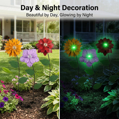 Topadorn 3 Pack Glow-in-the-Dark Flower Garden Stakes, Metal Plant Picks with Shaking Heads, Weatherproof Yard Pathway Decor