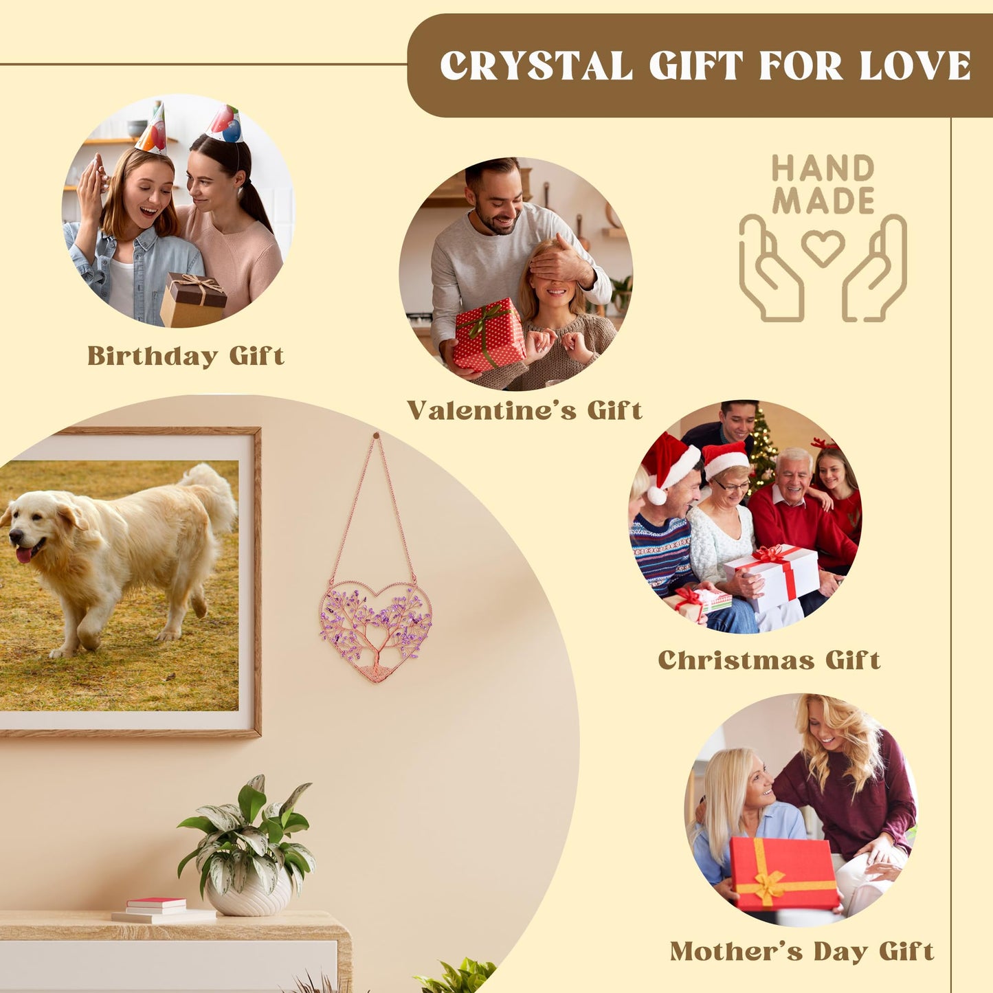 CrystalTears Chakra Crystal Tree Life Heart Hanging Ornament for Home Wall Window Room Decor, Healing Crystals Gemstone Wall Hanger, Positive Crystal Gifts for Women Mom Birthday Christmas