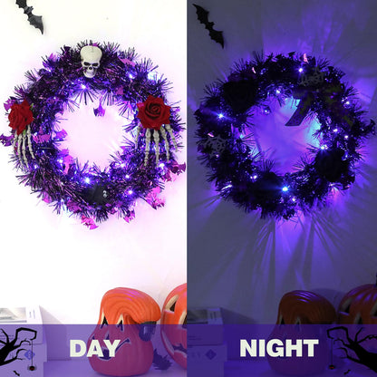Halloween Wreath for Front Door with Lights,13 Inch Skull Wreath Halloween Decorations for Indoor Window Party Holiday Wall Home Decor (Rose and Skull)