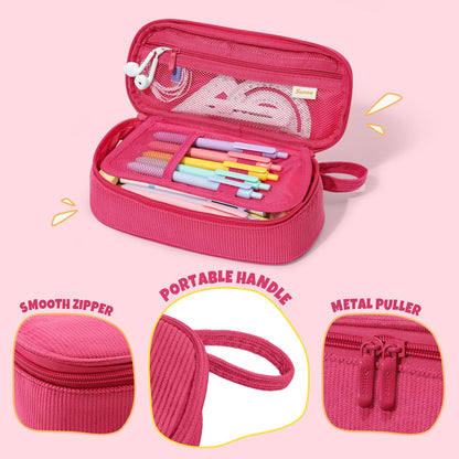 SUNEE Cute Pencil Case, Large Capacity Pencil Pouch, Soft Corduroy Pencil Bag, Big Storage Pen Organizer for Stationery, Aesthetic Pencil Box, Back to School Supplies for Teen Girls Boys, Berry Pink