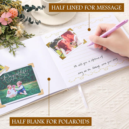 8x10 Leather Guest Book and Standup Sign Set, Gold Foiled Cover Registry Book for Wedding Reception, Retirement Party, Vacation Homes and Events, 120 Pages (White)