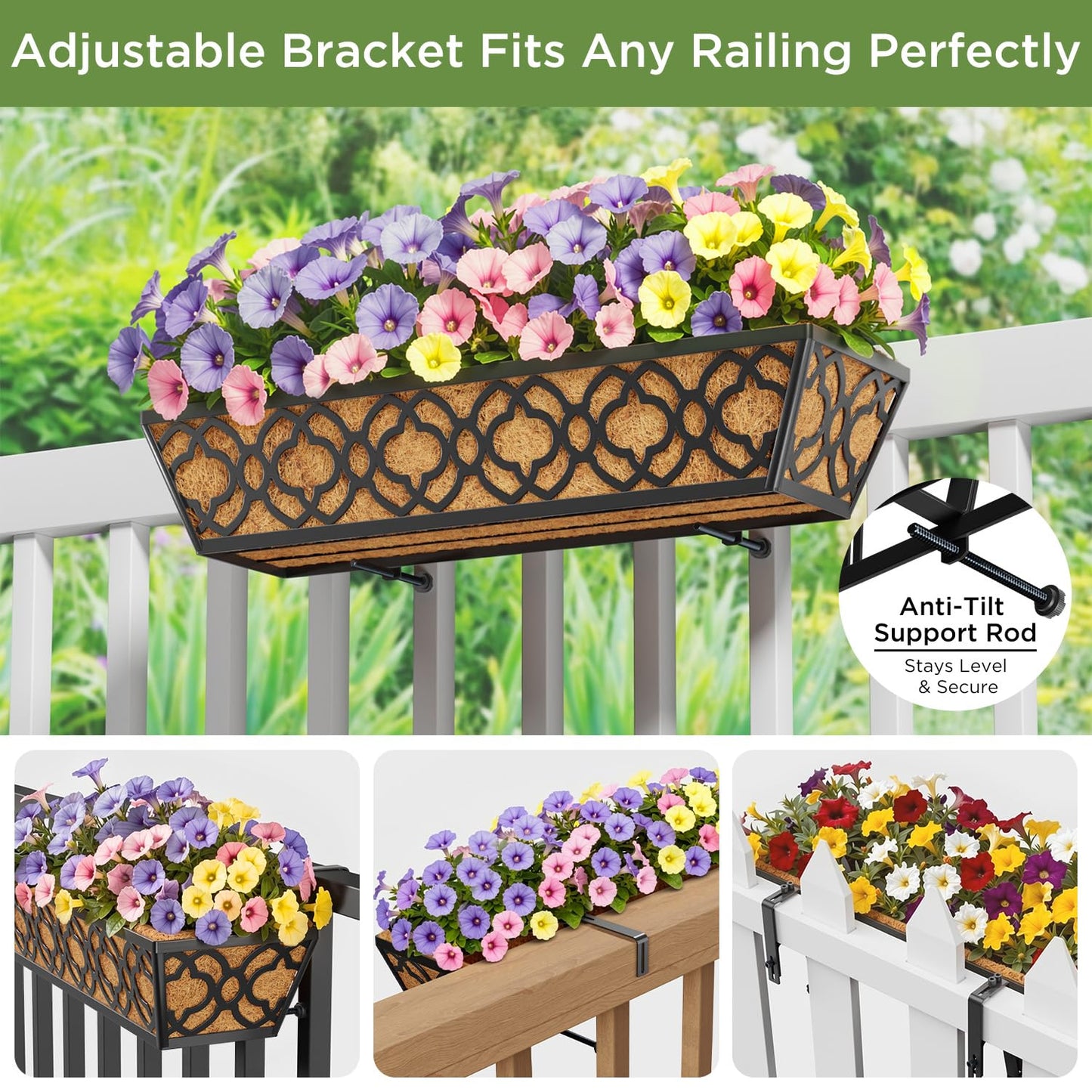 Y&M 4pcs 24 Inch Window Deck with Coconut Coir Liner, 24" Railing Planter Horse Trough Coco Basket Boxes Metal Hanging Flower Balcony for Outdoor Garden Fence Lawn