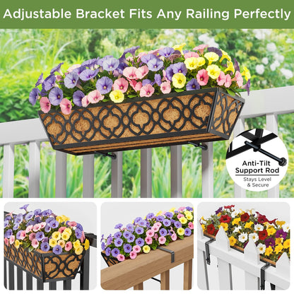 Y&M Deck Railing Planter Boxes, Adjustable Balcony Planter for Outdoor Plants, Metal Railing Planter Box for Deck, Fence and Porch, Window Boxes Outdoor, Sturdy Hanging Planter-24inch 2pcs