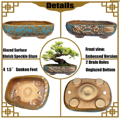 MUZHI 9.5” Rectangular Ceramic Rustic Bonsai Planter Pots with Drip Tray, Glazed Vintage Wide Mouth Shallow Pottery Bonsai Flower Planter Pots with Saucer