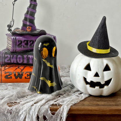 Cute Ghost Wearing a Hat for Halloween Decor Indoor, 3D Resin Night Light, Simple Pottery Barn Halloween Decor for Party Bedroom Study Room Funny Gifts Indoor 3D LED Nightlight Figurine (Black)
