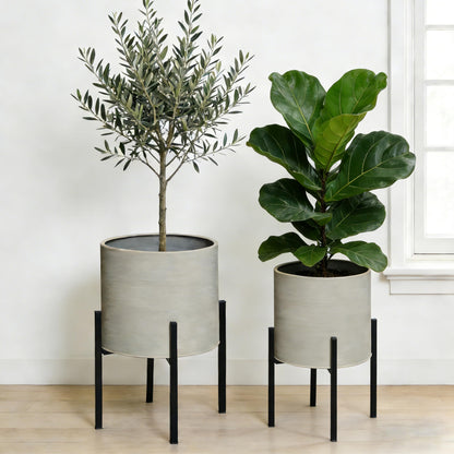 ARNIS Modern Plant Pots, Set of 2 Large Planters with Stand, Decorative Planters, Metal Pots with Drainage Holes for Living Room, Office, Garden or Balcony, 8.25 &10.5 Inch, Grey
