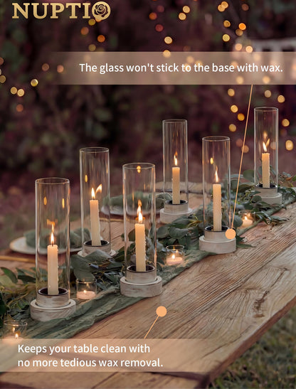 NUPTIO Dripless Candlestick Holders with Wax Catchers for Easy Cleaning: Set of 2 Hurricane Glass Candle Holders with Metal Bobeches - White Wood Farmhouse Home Decor for Wedding Table Centerpiece