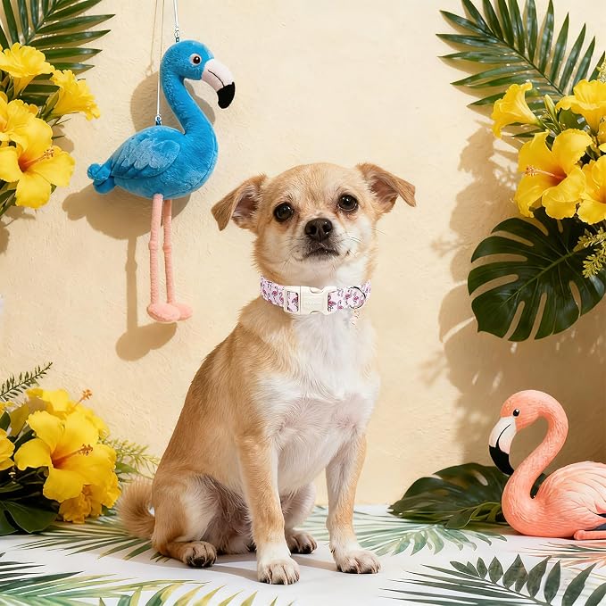 DOGWONG Cute Pet Dog Collar Pink Flamingos Cotton Dog Collar- Soft Girl Puppy Adjustable Pet Collars for Small Medium Large Dogs,L