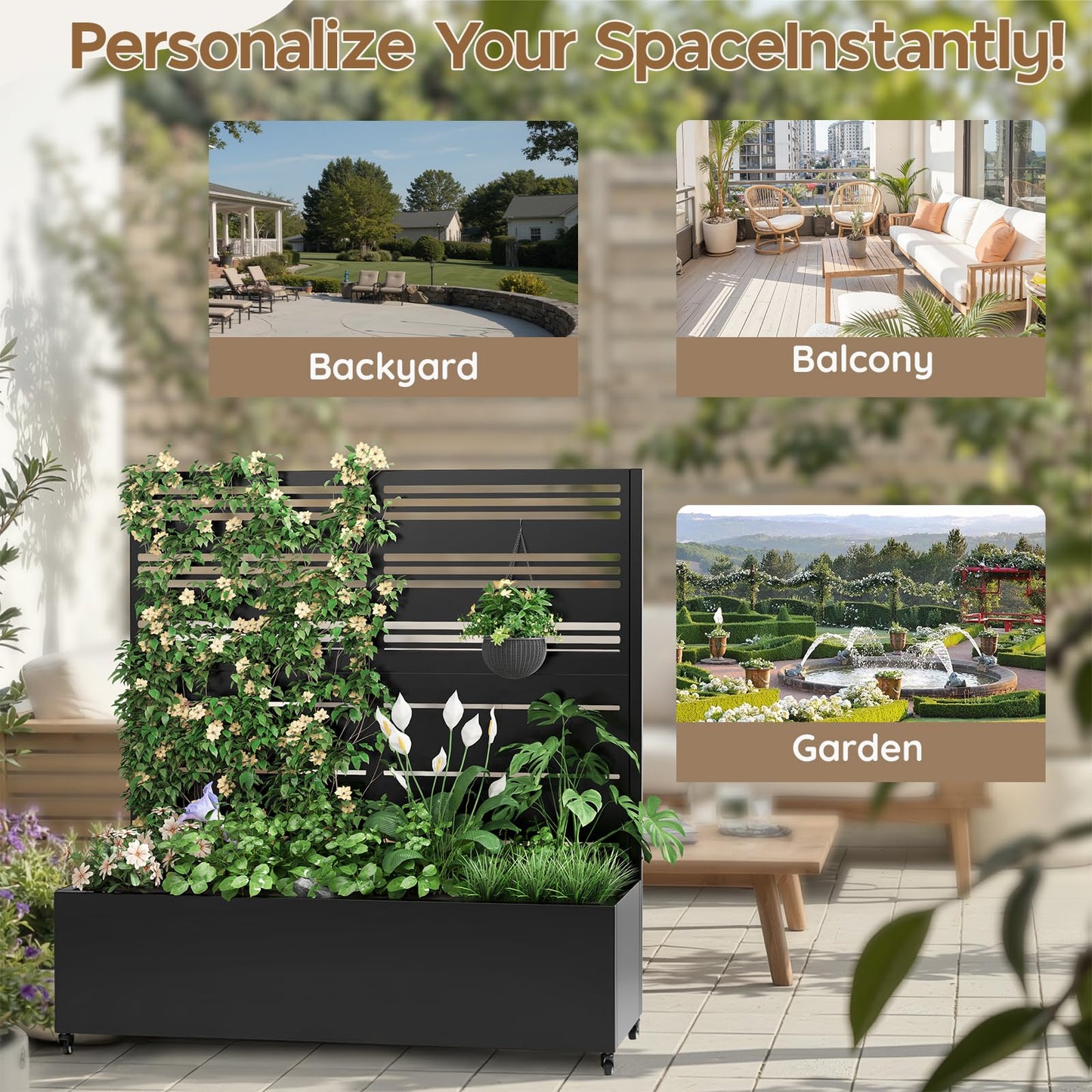 Metal Raised Garden Bed Trellis Large Outdoor Planter Box for Patio,Balcony Privacy Planters for Patio 48.4" x 47"x 15.7 Wheels Drainage Holes,for Climbing Vegetables,Flowers,Vines（Black）