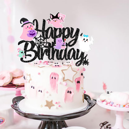 Halloween Ghost Happy Birthday Cake Topper Black Glitter Halloween Birthday Cake Decorations Pastel Ghost Cake Picks Ghosts Boo Day Baby Shower Decor for Birthday Party Supplies