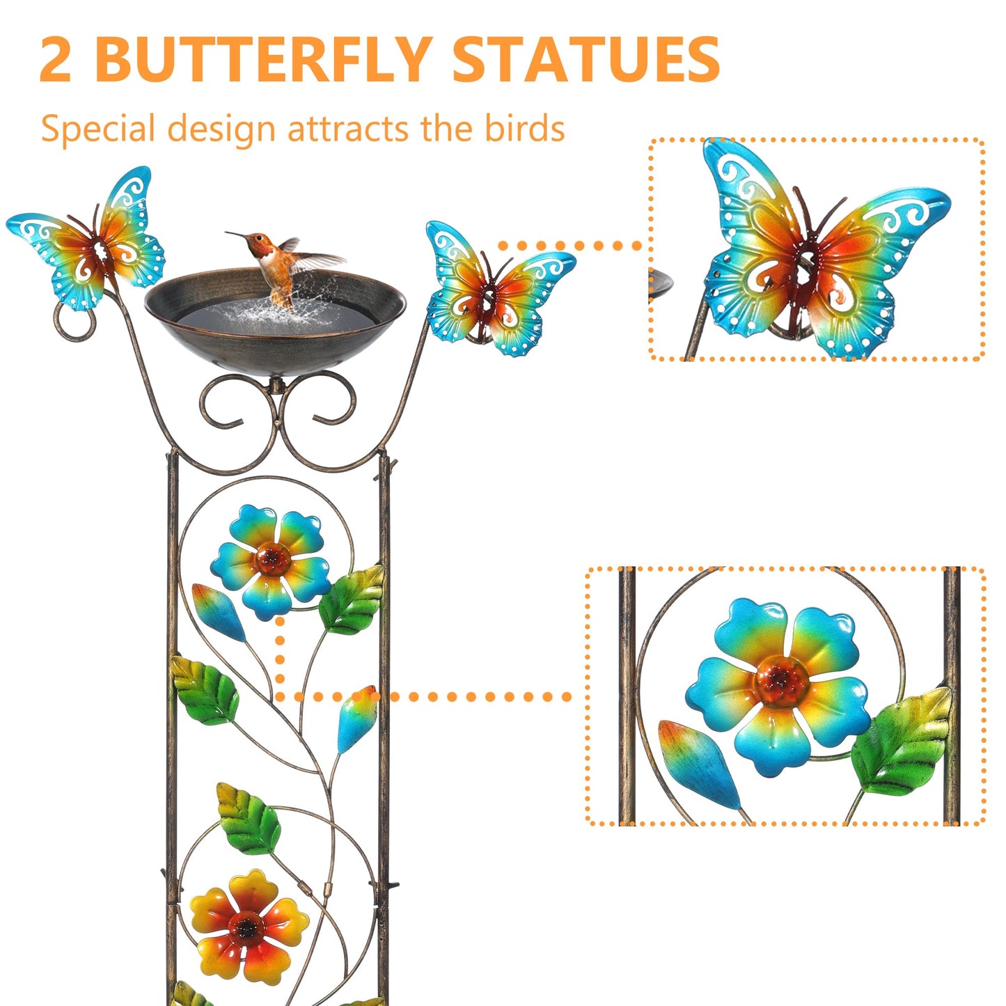 LEWIS&WAYNE Garden Trellis Bird Bath Outdoor, 40 Inch Antique Iron Garden Plant Trellis Decorative with Floral-Butterflies and Detachable Drinking Basin Bowl, Free Standing BirdBath Birdfeeder Station