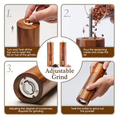 2 Pack Acacia Wooden Salt and Pepper Grinder Set with Gold Label, Premium 8 Inches salt and pepper shakers, Manual Wood Grinders with Adjustable Coarseness Ceramic Core, Ideal for Kitchen Home Gift