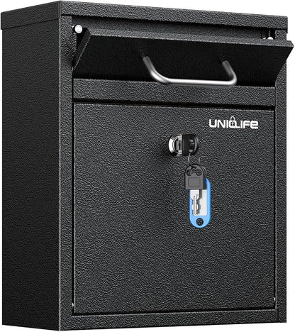 Uniclife Wall Mount Mailbox for Outside, Anti-Theft Heavy Duty Locking Mailbox, Small Mailbox with Key Lock, Security Mail Box, Safe Key Drop Box, Post Box, Steel Cash Drop Box for Home Office, Black