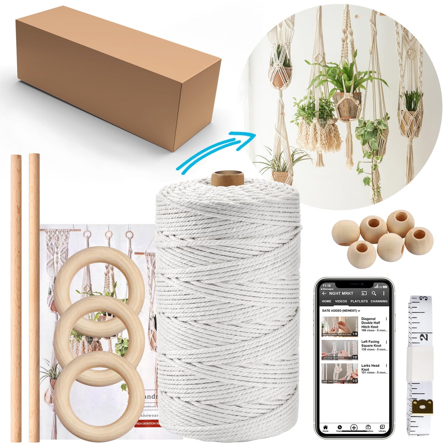 Hdviai Macrame Plant Hanger Kit, 3mm x 220Yards Cord for Adult Beginners DIY Macrame Wall Hanging Kit, with 2Pcs Wooden Dowels + Beginner's Manual + Soft Ruler+ Five Wooden Beads