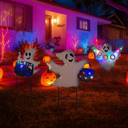 HONGLAND Solar Powered Halloween Yard Stakes, 3 Pack 24" Metal Outdoor Decor with Ghost, Pumpkin and Cauldron for Garden, Lawn, Patio