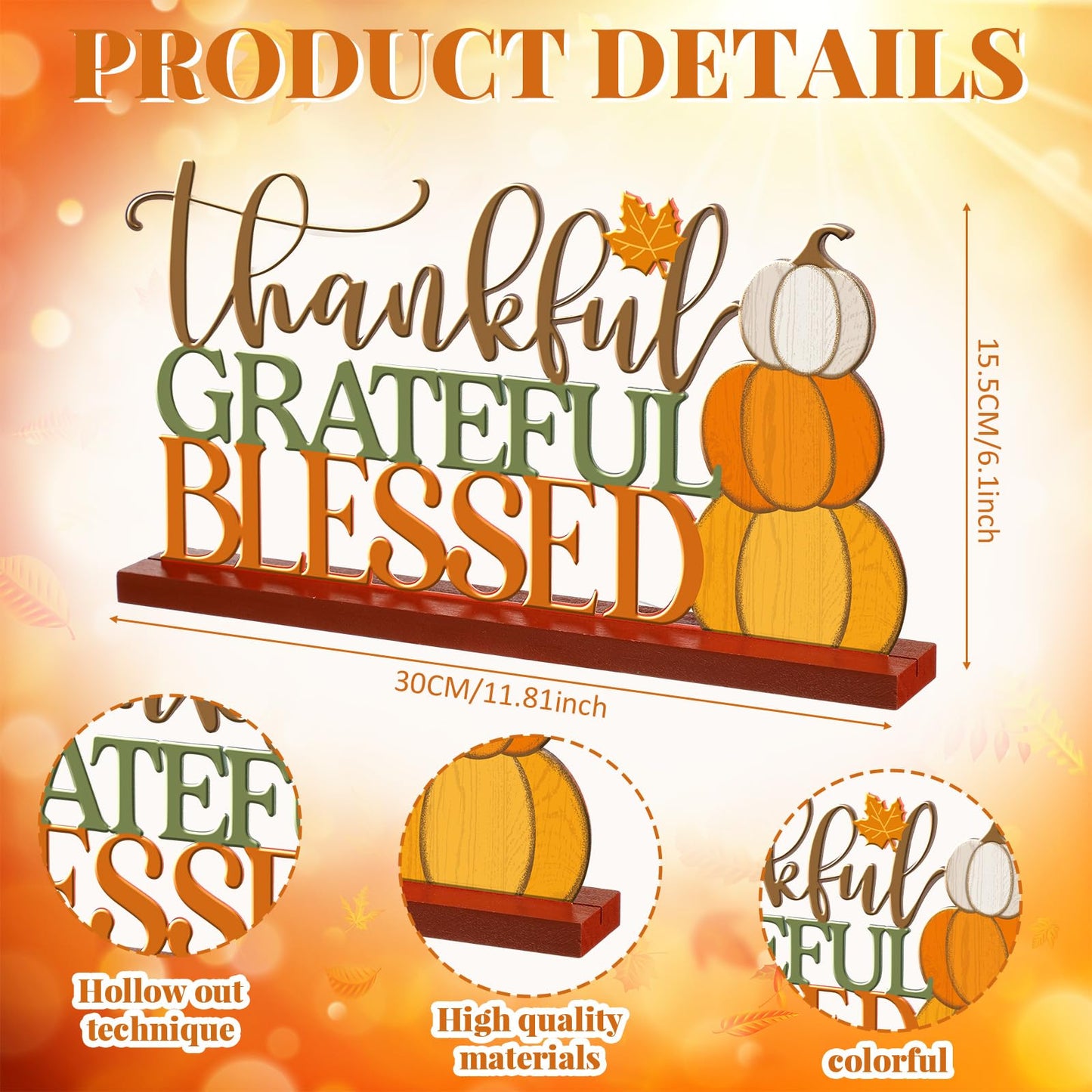 Cinnvoice 11.81 Inch Thanksgiving Table Sign Fall Decorations for Home Thanksgiving Metal Letter Centerpiece Decorations with Wooden Base Pumpkin Grateful Thankful Blessed Sign for Shelf Mantel
