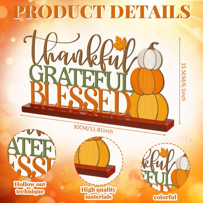 Cinnvoice 11.81 Inch Thanksgiving Table Sign Fall Decorations for Home Thanksgiving Metal Letter Centerpiece Decorations with Wooden Base Pumpkin Grateful Thankful Blessed Sign for Shelf Mantel