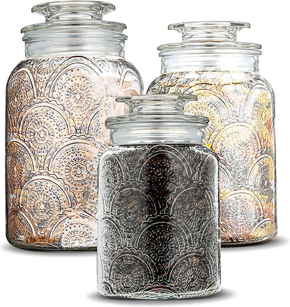 Le'raze Food Storage Containers with Airtight Lids - Retro Design - Pantry Organization, Glass Canisters Storage for Cookies, Tea, Sugar, Candy Jars, Sugar Packet, Set of 3