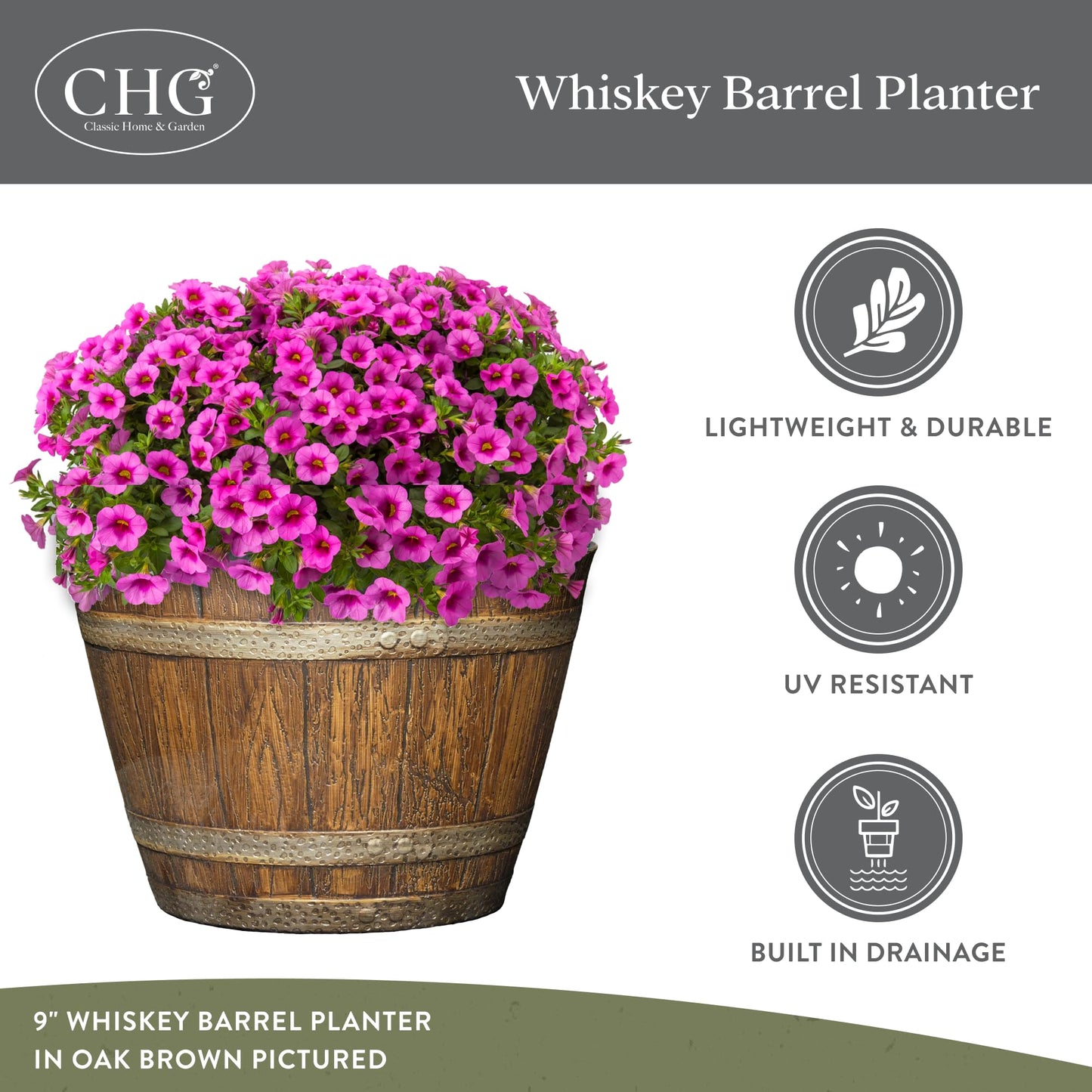 Classic Home & Garden by Growscape Whiskey Barrel Planters, Wooden Finish Flower Planter Pot, Stylish Garden Pots, Indoor Outdoor Resin Planters, Weather-Resistant Plant Pot (20.5" Oak Brown, 1-Pack)