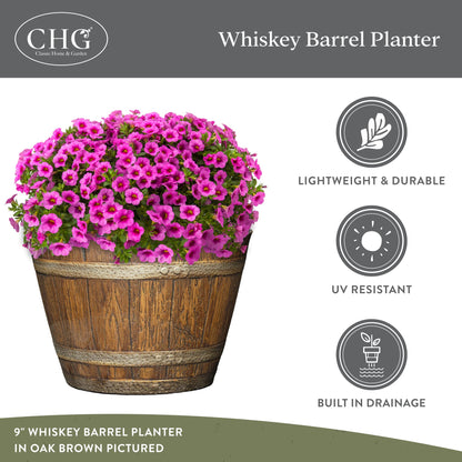 Classic Home & Garden by Growscape Whiskey Barrel Planters, Wooden Finish Flower Planter Pot, Stylish Garden Pots, Indoor Outdoor Resin Planters, Weather-Resistant Plant Pot (20.5" Oak Brown, 1-Pack)