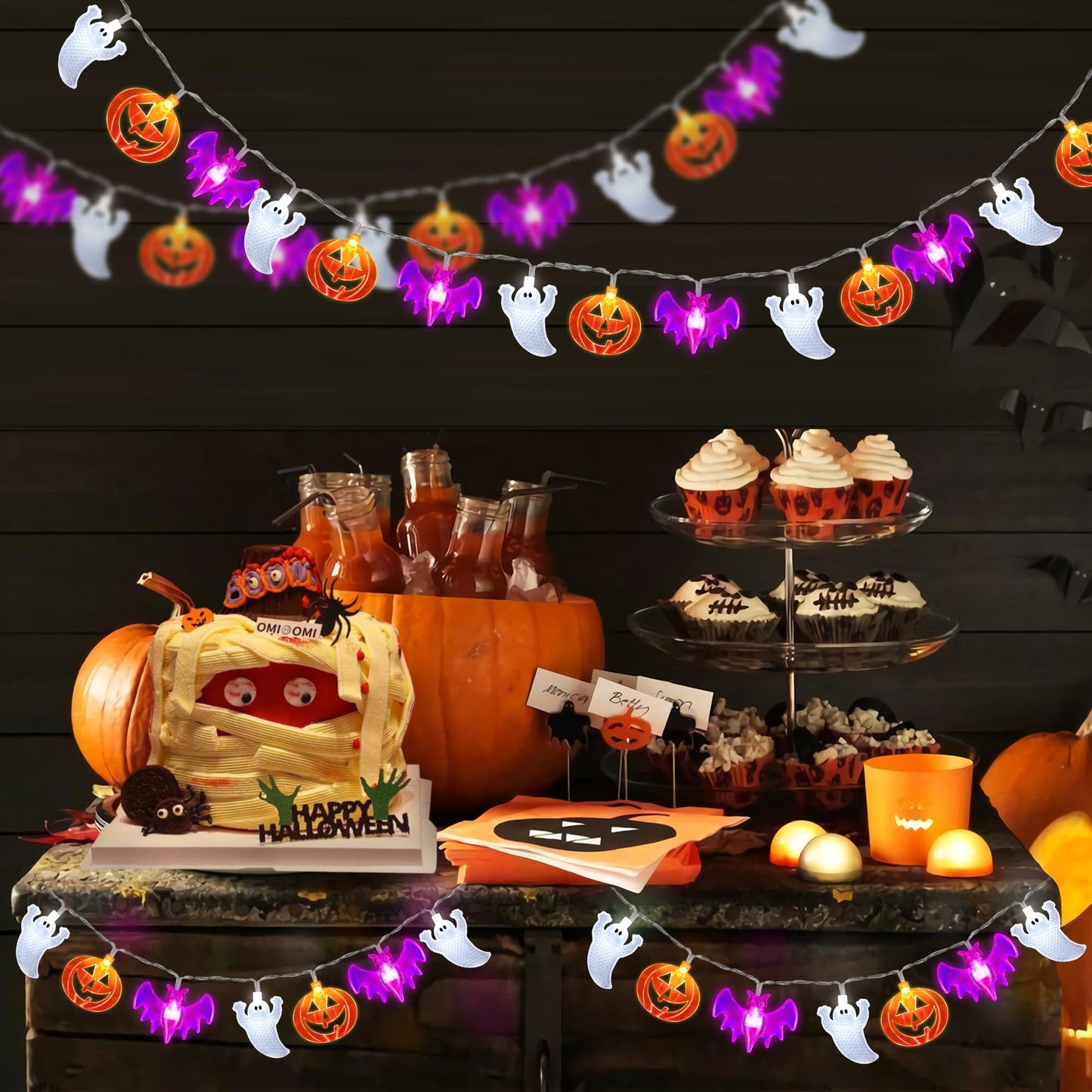 2 Pack Halloween Lights Indoor Outdoor Decorations Total 40FT 60 LED Pumpkin Bat Ghost Halloween String Lights Battery Operated, 8 Modes Waterproof Spooky Fairy Lights Home Yard Window Outside Decor