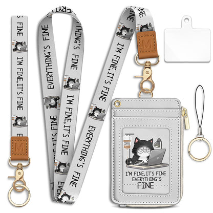 Mavellin Lanyard Wallet with Id Badge Holder, Funny Cat RFID Small Keychain Wallet Women Wristlet, Cute Zipper Credit Card Holder Phone Wrist Neck Strap for Key Name Tag, Teacher Office Work Gifts