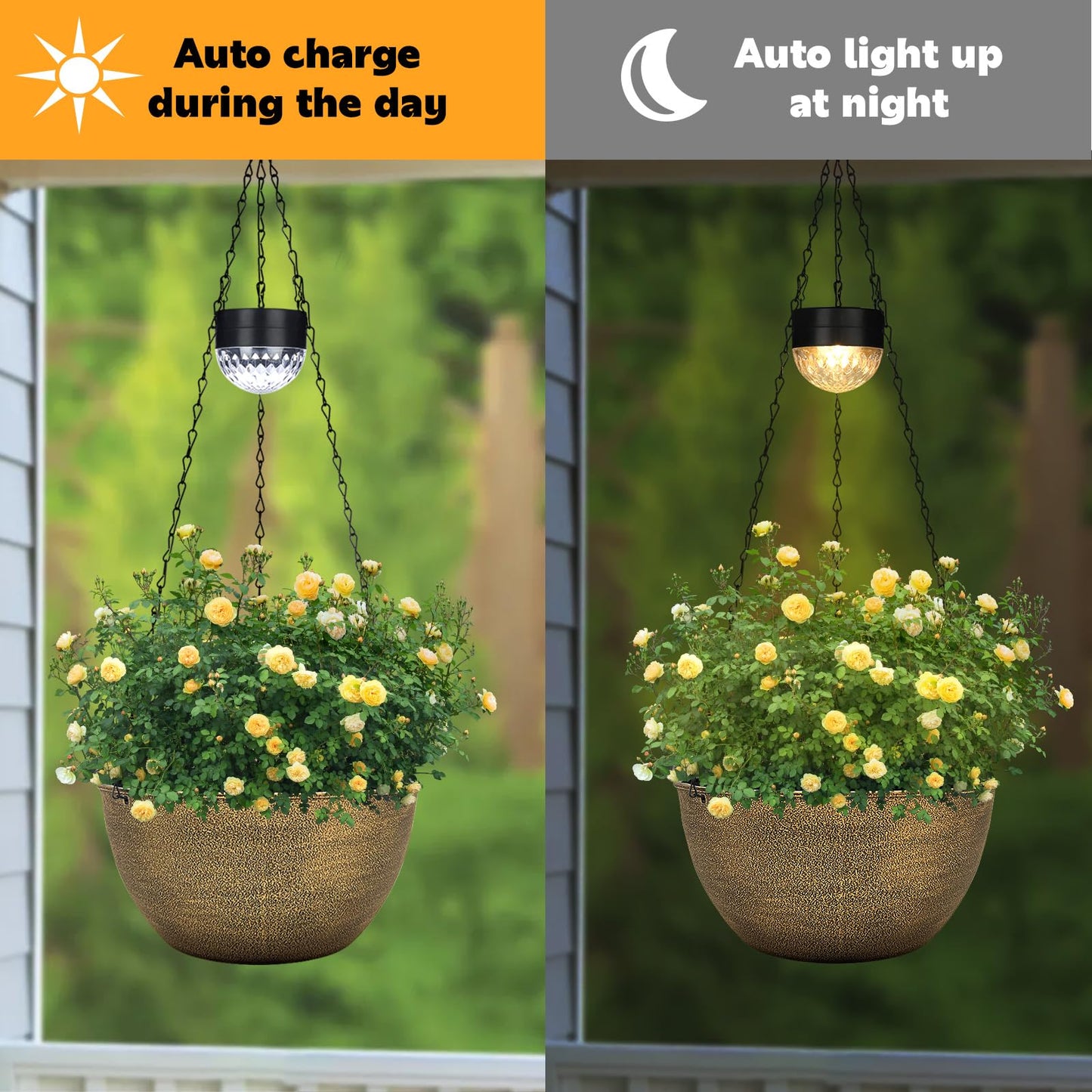 2 Packs Hanging Planters Basket for Outdoor Plants, Solar Powered Self Watering Copper Round Plastic Flower Pots with Drainer for Balcony Patio Garden Outdoor Decoration