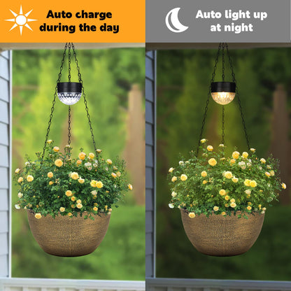 2 Packs Hanging Planters Basket for Outdoor Plants, Solar Powered Self Watering Copper Round Plastic Flower Pots with Drainer for Balcony Patio Garden Outdoor Decoration
