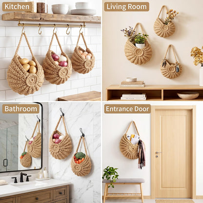 Qinyoung 3 Pack 14" 12" 10.5" Conch Wall Hanging Baskets for Kitchen Fruit Baskets with 3 Hooks Boho Decor Conch HangingWall Kitchen Storage for Fruits Vegetables Onions Potatoes