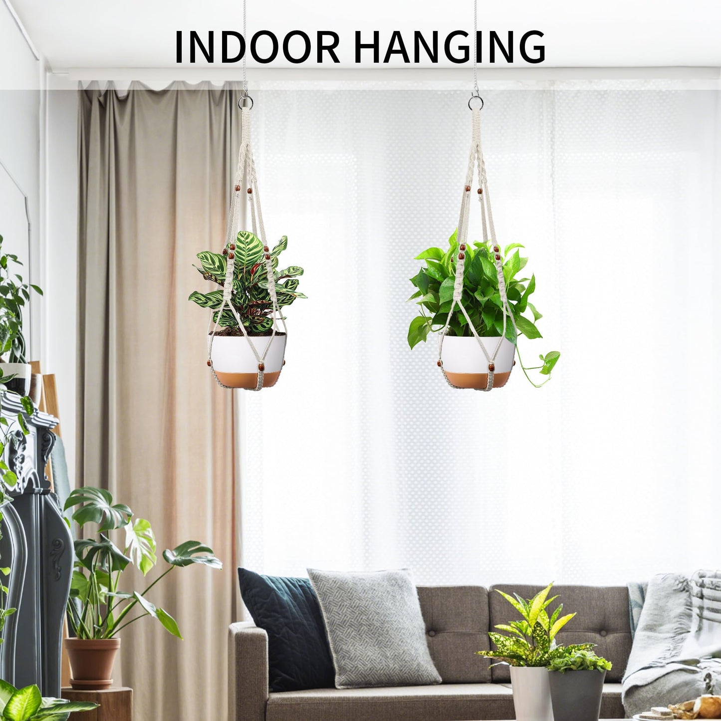 IDEEEPAN Macrame Plant Hanger - Fits 6 to 15 inches Pots for Indoor Outdoor, 43 Inch, Set of 2, Ivory (POTS NOT Included)