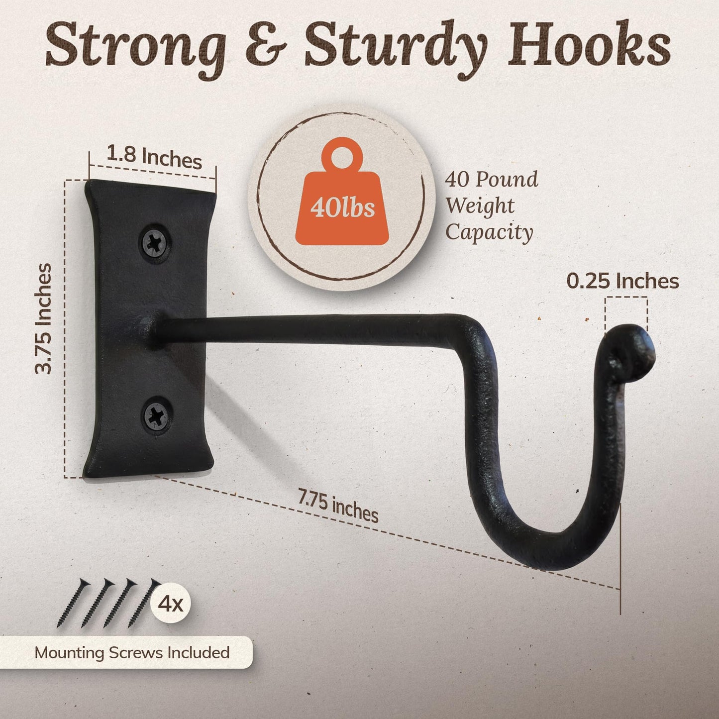 Hooks for Hanging Plants (2 Pack) Perfect for Hanging Planters for Indoor Plants or Outdoor Plants - Non Rusting Wall Hooks for Hanging Plants, Baskets, Lanterns, Feeders (7.5 inches, Black)