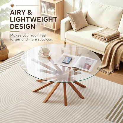 Round Glass Coffee Table-Mid Century Modern Solid Wood Coffee Table | Unique Glass Top&Solid Wood Mortise Interlocking Starburst Legs Design for Living Room,Office,Hotel Lobby