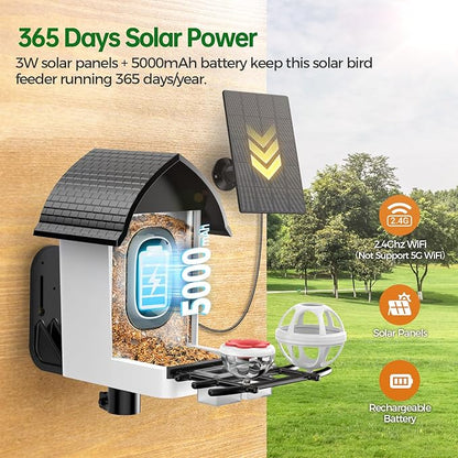 Smart Bird Feeder with Camera - Solar Powered Bird Watching Camera with 2K HD Live View, Auto Capture & AI Identify 10,000+ Species, 2.4G WiFi Outdoor Birdhouse, Ideal Gifts for Bird Lovers