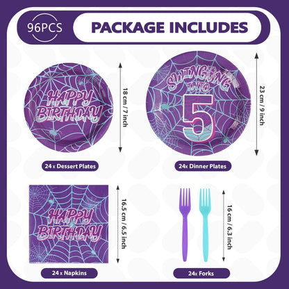 Greencian 96Pcs Spider 5th Birthday Party Supplies Purple Spiderweb Party Plates and Napkins Disposable Ghost Cartoon Tableware Set for Kids Birthday Halloween Hero Theme Decorations, Serves 24