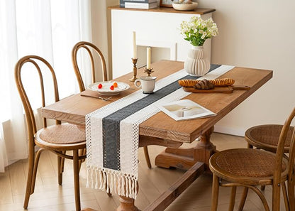 FEXIA Boho Table Runner for Summer Home Decor with Tassels 72 Inches Long Farmhouse Grey Rustic Burlap Table Runner Macrame Table Decoration for Kitchen Bedroom Living Room (12x72 Inches)
