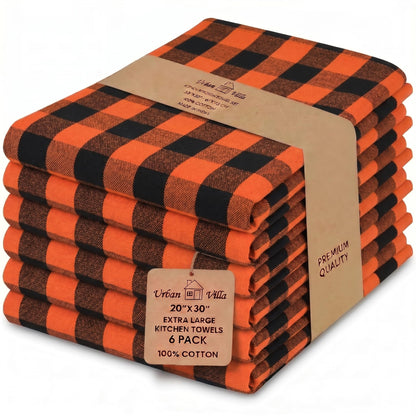 Urban Villa Halloween Kitchen Towels Set of 6 Dish Towels Size 20''x30'' Buffalo Checks Orange/Black 100% Cotton Highly Absorbent Quick Drying Dish Cloths & Dish Towels with Hanging Loop Tea Towels