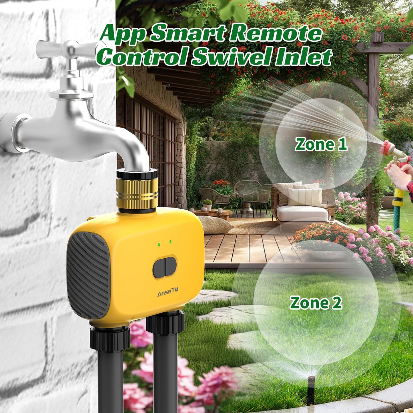 AnseTo WiFi Sprinkler Timer 2 Zone, Smart Water Timer for Garden with App Remote Control for Travel, Brass Inlet Smart Irrigation System for Outdoor Hose, Patios, Lawns, Flower Bed & Yard Care