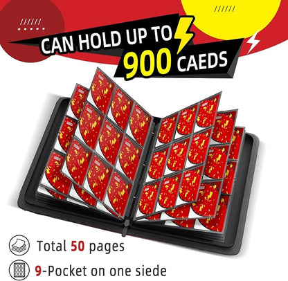 Trading Card Binder 9 Pocket,900 Pocket Card Collection Binder with 50 Removable Sleeves,PU Waterproof Top Card Book,3-Ring Zipper Collectible Trading Card Album for MTG/TCG/Card Holder Gift（Red）