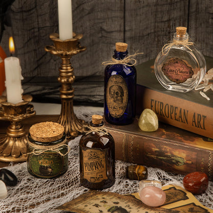 HOHUCRAB Potion Bottles Halloween Decoration, Set of 4 Glass Potion Bottles with Corks and 10 Halloween Bottle labels, Halloween Tiered Tray Decor, Halloween Decorations Indoor