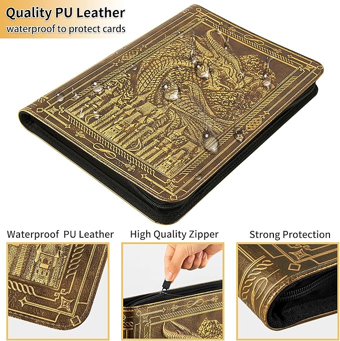 TIANREN Card Binder 9 Pocket, 3D PU Leather Album with Zipper, 360 Side Loading Pockets for TCG, MTG, Lorcana, Other Collectible Cards, Trading Card Game Protective Folder Album (Golden Brown)