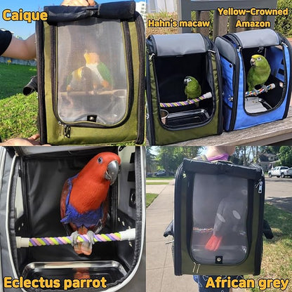 Birds Day Bird Carrier Backpack - Breathable Mesh Portable Parrot Travel Cage with 2PCS Perch, Food Bowl, and Stainless Steel Tray (Charcoal Gray)