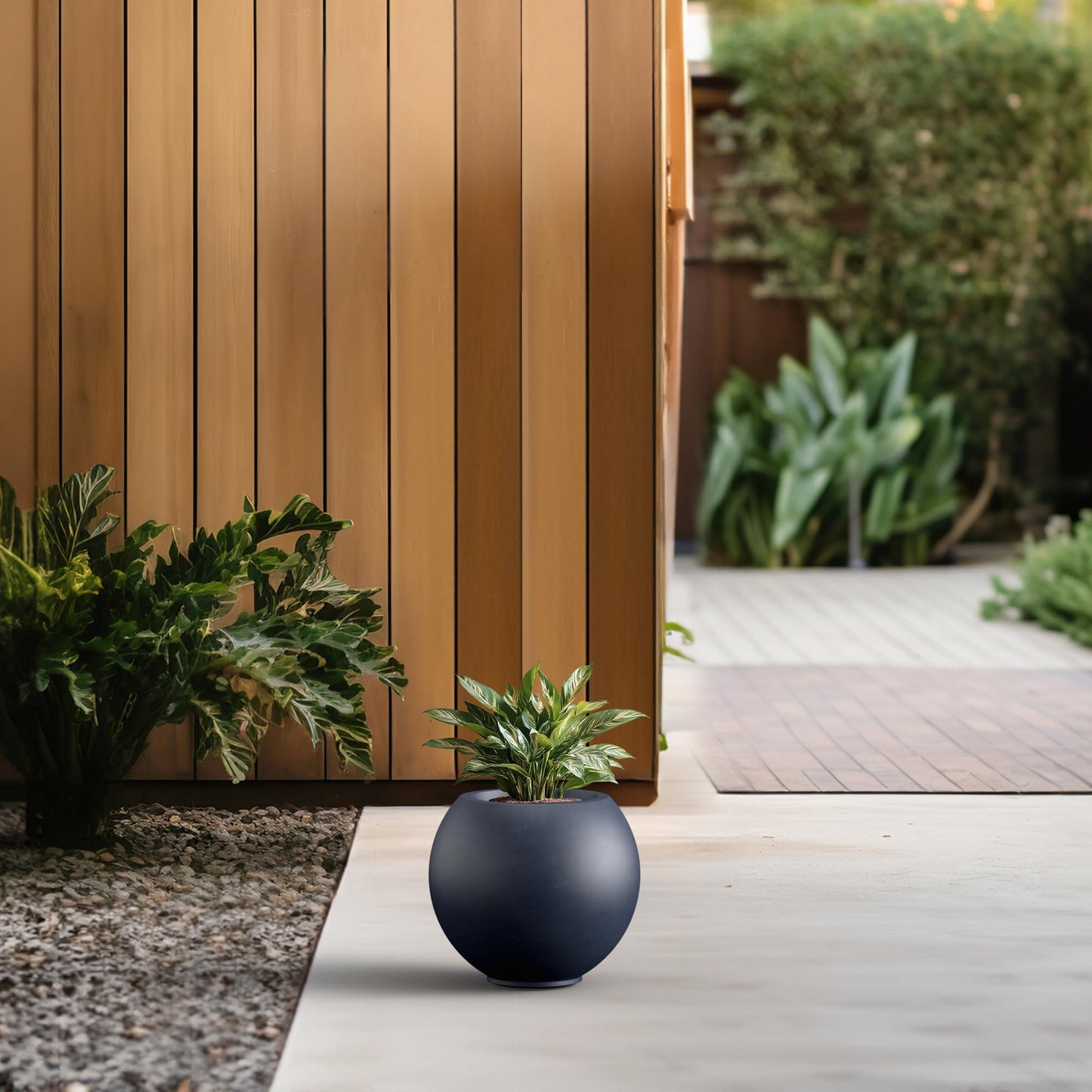 Kante Round Concrete Flower Pot, 11 Inch Dia (7.9" Opening) Sphere Shape Design Planter with Drainage Hole and Rubber Plug for Indoor & Outdoor Plants, Charcoal Finish with Painted Interior